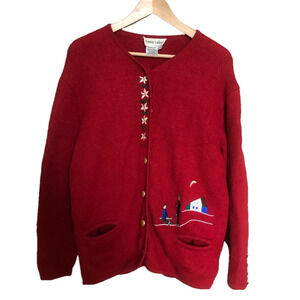 Vintage  Wool Embroidered Winter Scène Cottagecore Red Knit Cardigan Medium